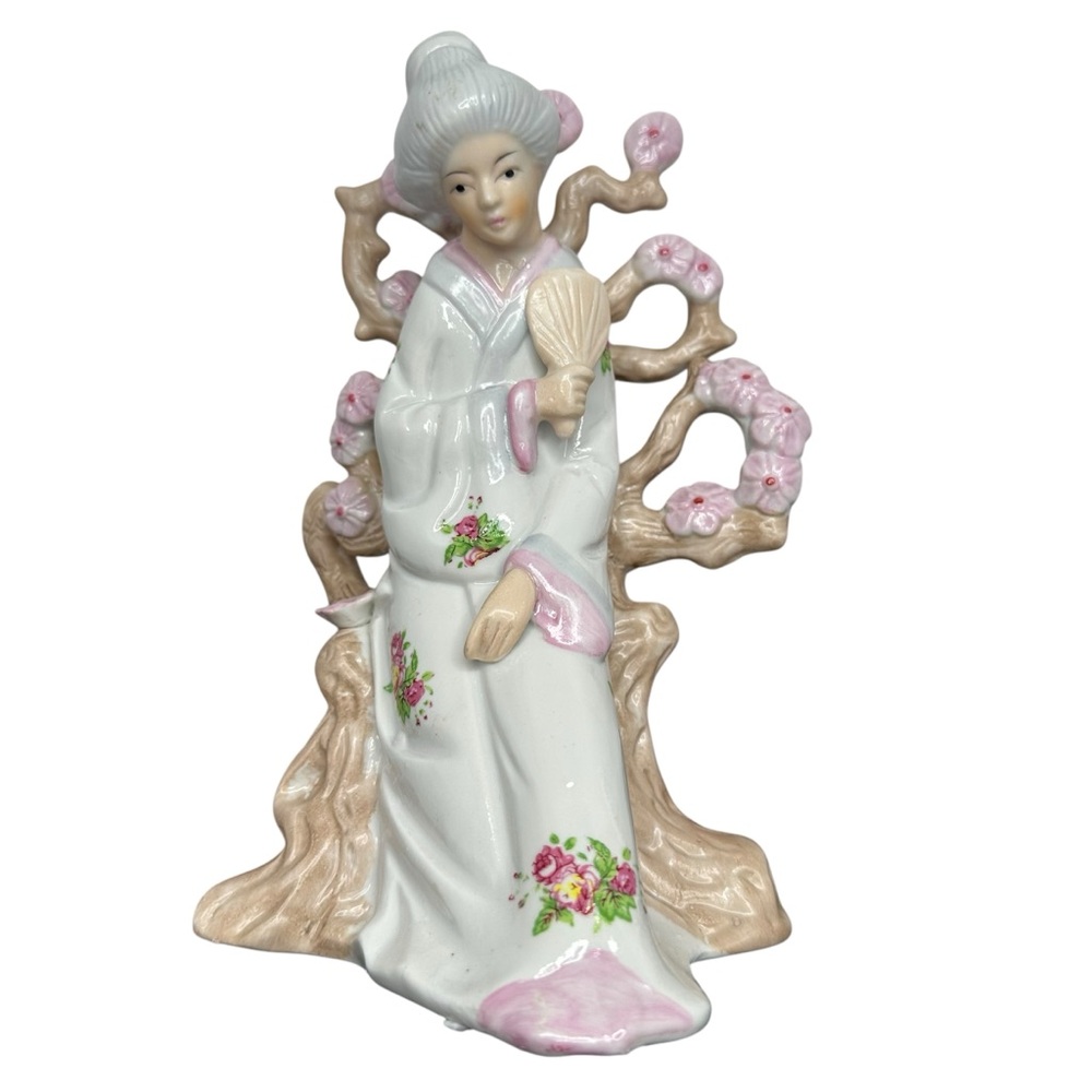 VTG Ceramic Geisha Girl Mirror Tree Cherry Blossom Flower Figurine Sculpture